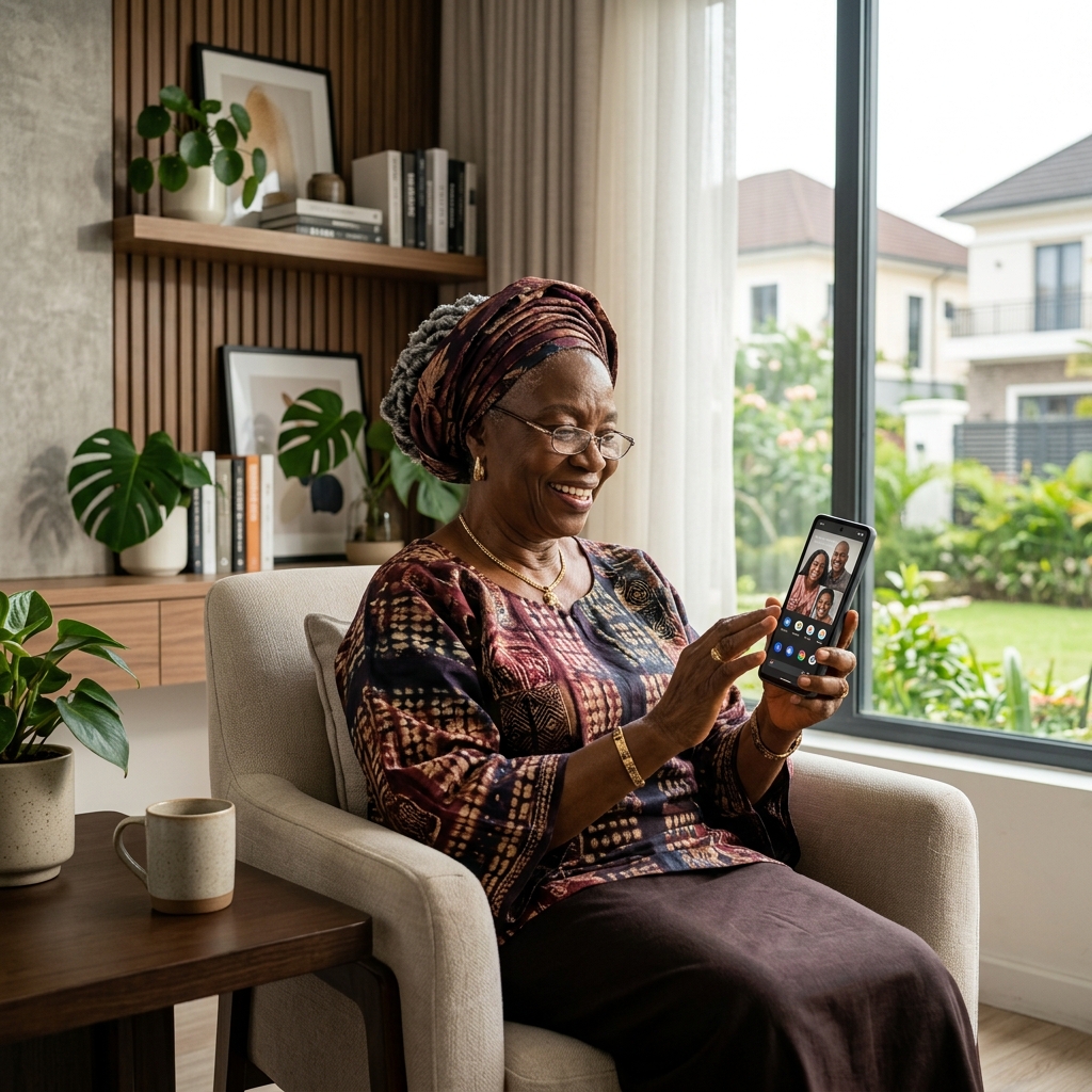 Healthy, smiling Nigerian elder holding a smartphone, looking at peace